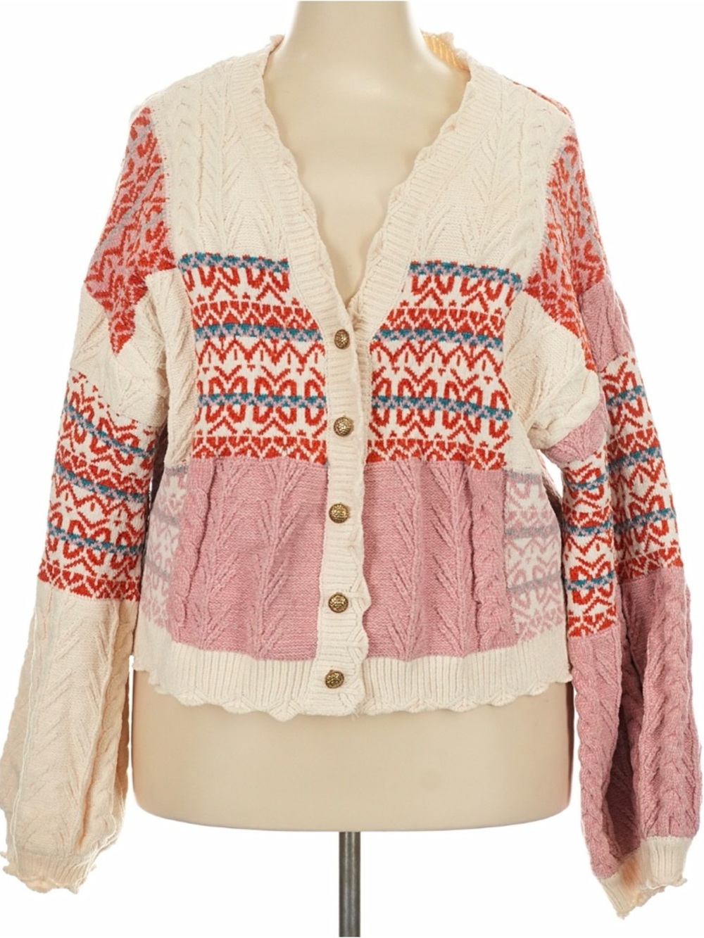 POL Cream and Pink Patterned Cable Knit Button-Front Cardigan